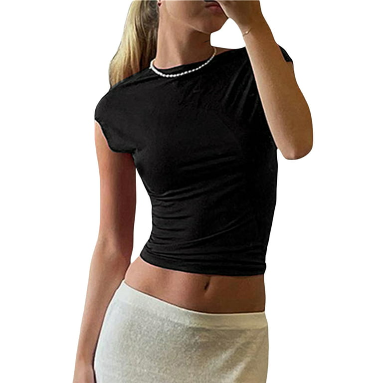 Sunisery Women's Backless T-Shirt Y2K Short Sleeve Crew Neck Crop Tops Open  Back Slim Fit Tee Tops 