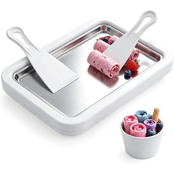2-in-1 Portable Rolled Ice Cream Maker Plate, Stainless Steel Instant Cold Tray with 2 Scrapers for Homemade Yogurt & Sorbet, White (k)