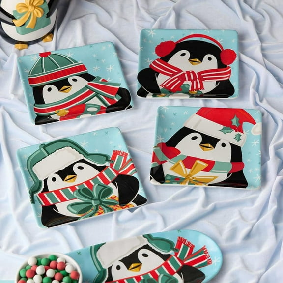 Christmas Whimsy Penguin Assorted Colors Ceramic 8.5 in. Dessert Plates (Set of 4)