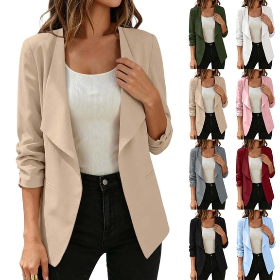 MaFYtyTPR Women's Casual Open Front Blazer Lightweight Work Office Jacket with Rolled Sleeves 01-Black L