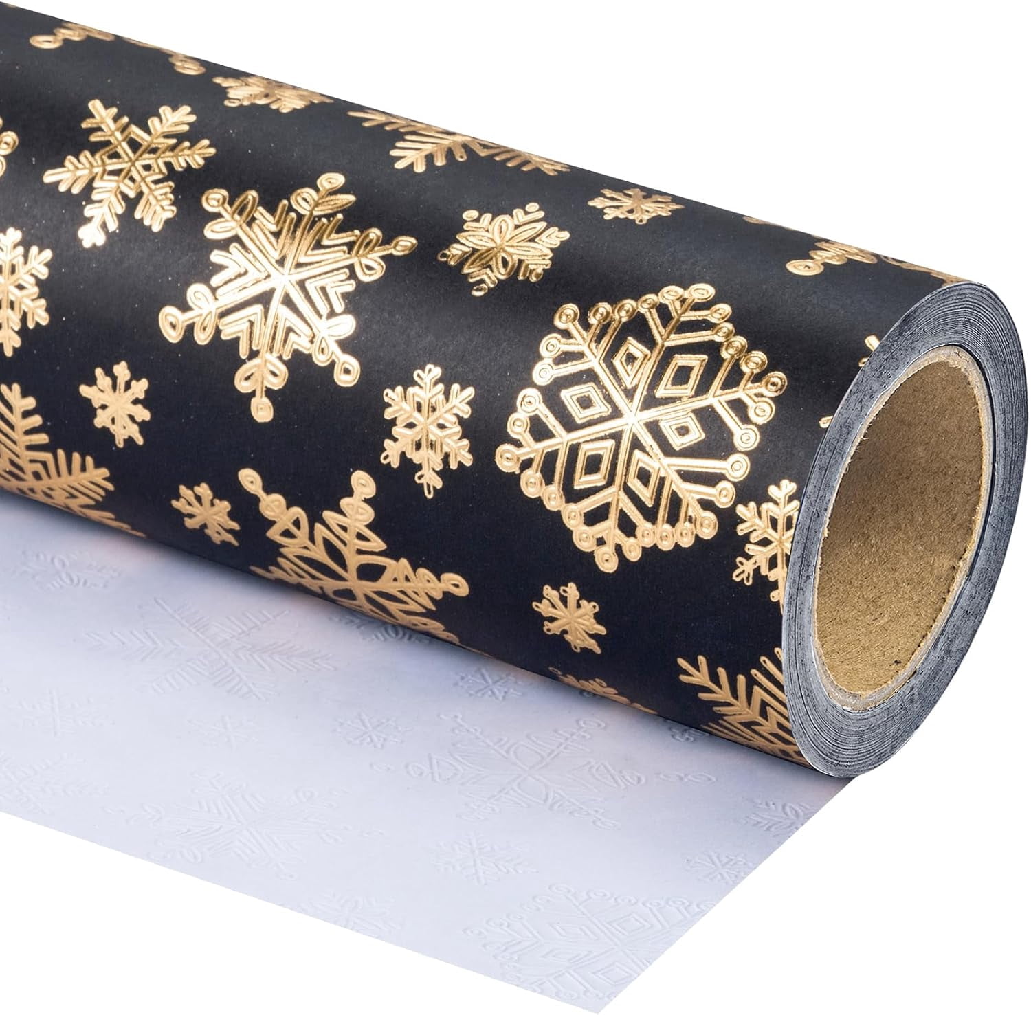 3D Kraft Christmas Wrapping Paper Roll - Mini Roll - 17 Inch x 16.5 Feet - Gold and Black Snowflake Wrapping Paper with Embossed Perfect for Christmas, Holiday, Party Celebration