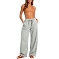 thumbnail image 2 of Dxzfnsa Wide Leg Pants for Women Womens Casual Linen Solid Color Pants Drawstring Elastic Waist Long Trousers Lounge Beach Trousers with Pockets, 2 of 9