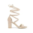 thumbnail image 3 of BLISSFUL STEP Women's Faux Velvet Lace Up Block Heel Strappy Sandals Beige (Size 7), 3 of 8