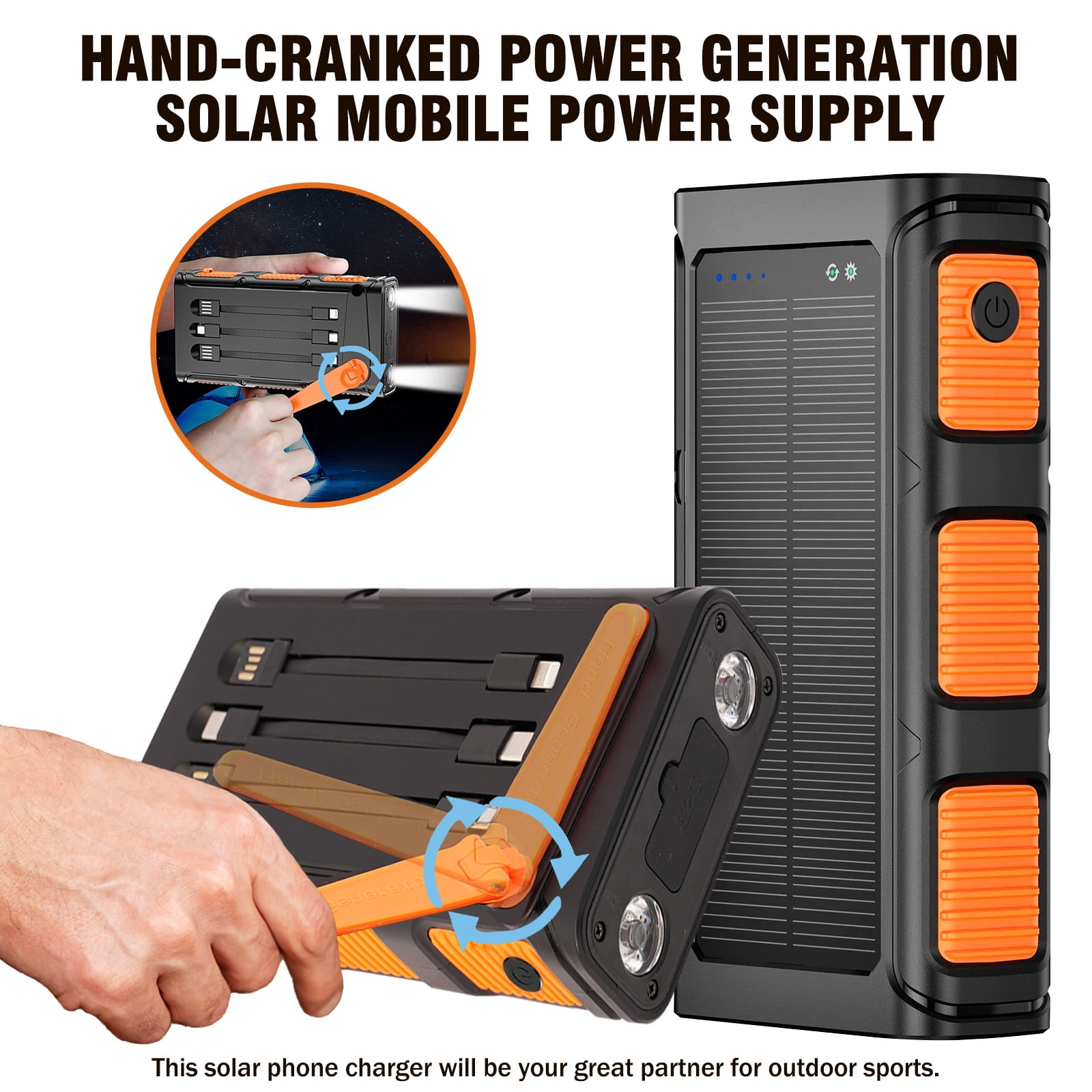 Power Bank Wireless Charger 49800mAh Built in Hand Crank and 3 Cables 18W Fast Charging Power Bank 7 Outputs & 4 Inputs Solar Portable Charger, SOS/Strobe/Strong Flashlights, Compass