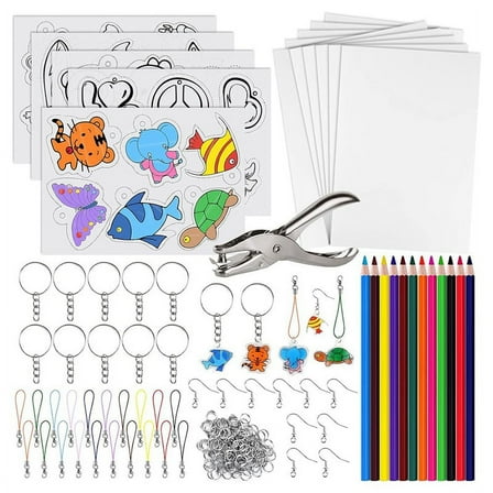 168 Pcs Shrinking Plastic Sheets Kit Includes 15 Film Art Paper, Hole Punch, 12 Colored Pencils