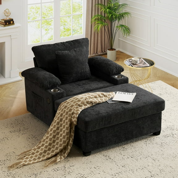 KINFFICT Accent Chair with Ottoman, Indoor Chaise Lounge with USB and Storage, Cozy Living Room Lounge Chair, Black Chenille