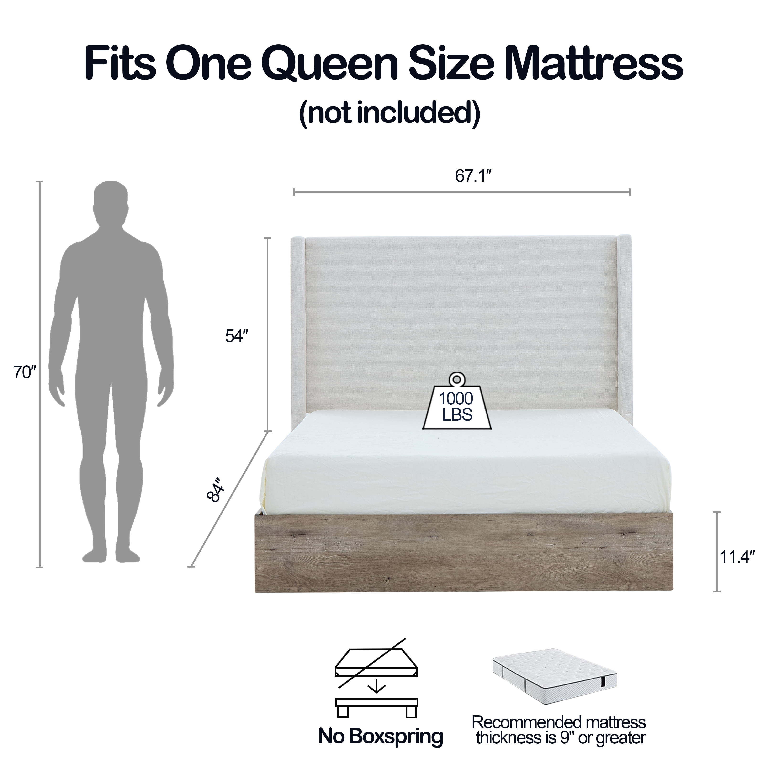 Miniyam Queen Upholstered Wingback Bed with 54" Tall Headboard, Enclosed Base, Heavy-Duty Steel Frame for Adult, Ivory