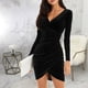 thumbnail image 5 of Vestido de cóctel con escote en V, manga larga, tubo de terciopelo plisado, 5 of 6