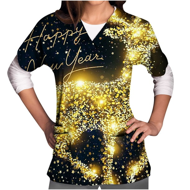 hoksml Womens Tops Short Sleeve V-neck Tops Uniform Happy New Year Printed  Pockets Blouse Nursing T-Shirt Clearance