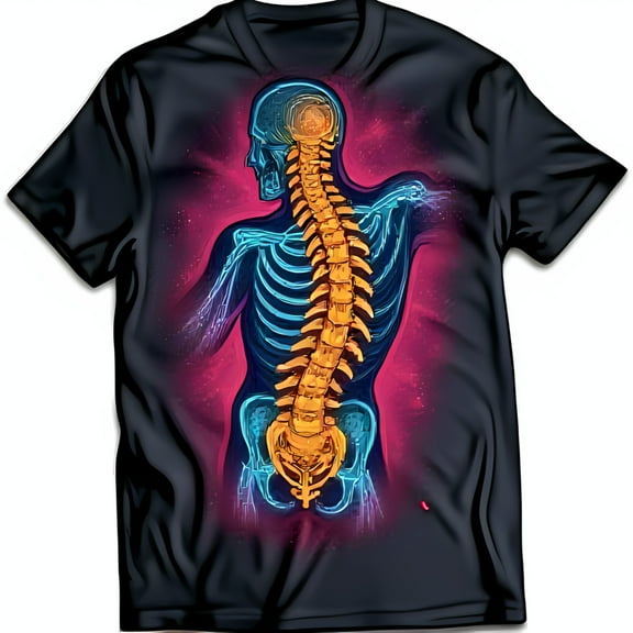 Glow in the Dark Skeleton T-Shirt with Vibrant Spine Design Black Tee