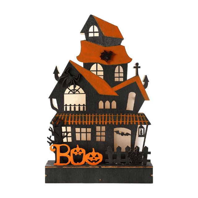 Decoración iluminada de la estatua de la casa de madera de Halloween, decoración de mesa luminosa del ornamento del festival del fantasma