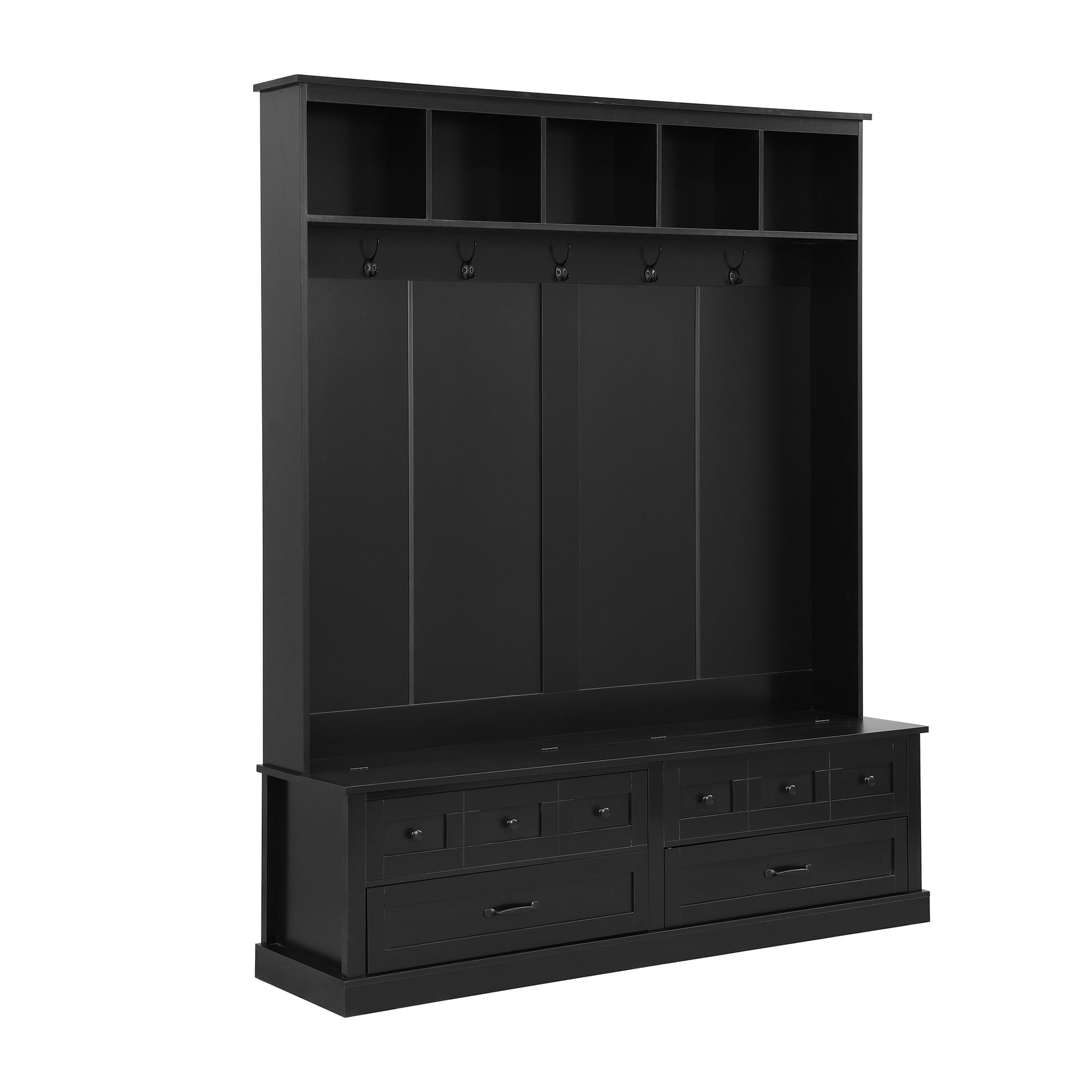 Euroco Elegant Wide Hall Tree with 5 Hooks, Lift-Top Storage Bench with 2 Drawers, Retro Wooden 3-in-1 Coat Rack with Black Handles for Entryway, Mudroom, Living Room