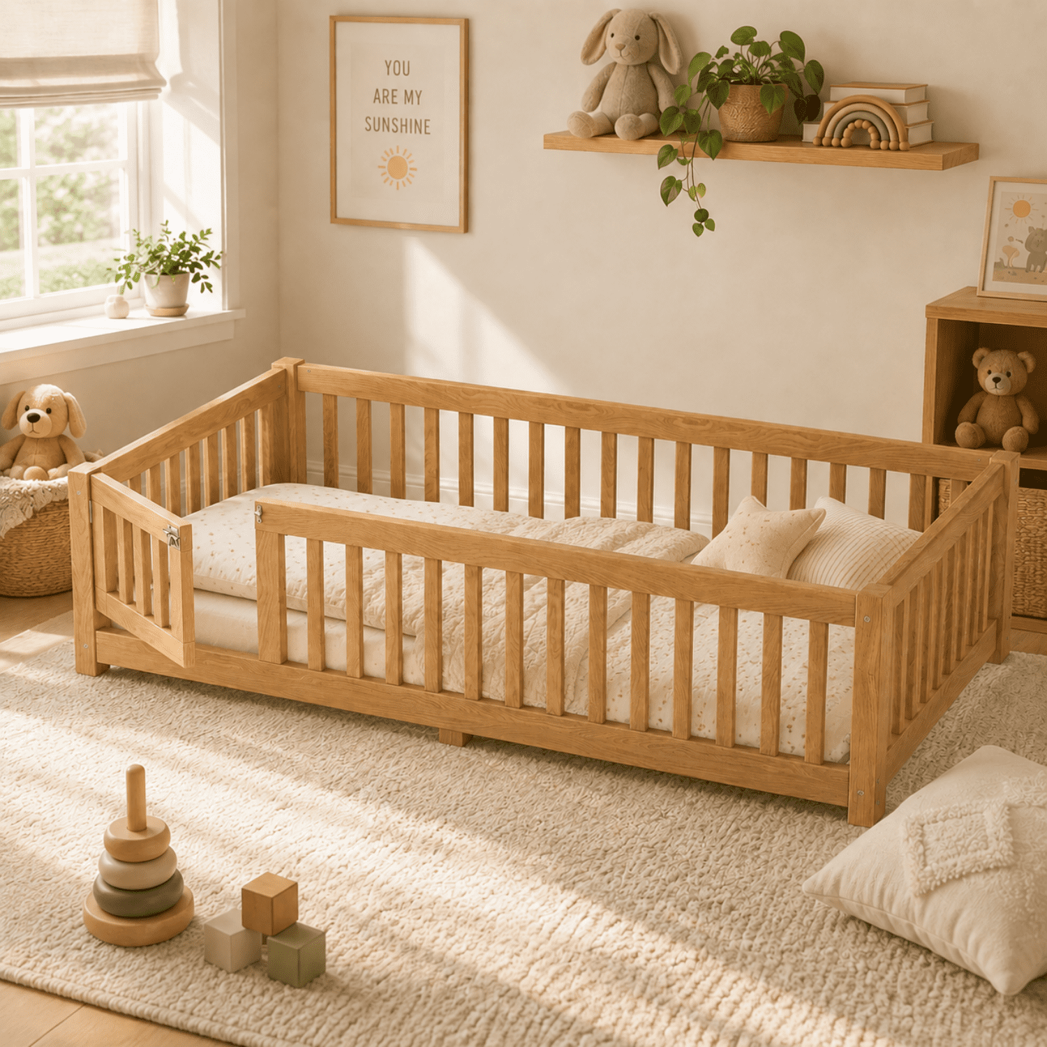 Miniyam Twin Floor Bed for Kids – Low Profile Wood Bed Frame with Rails, Natural
