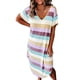 thumbnail image 3 of Vestido largo con lado dividido, manga corta, cuello en V, informal, suelto, dobladillo curvo, estampado a rayas, vestido largo largo para mujer, 3 of 5