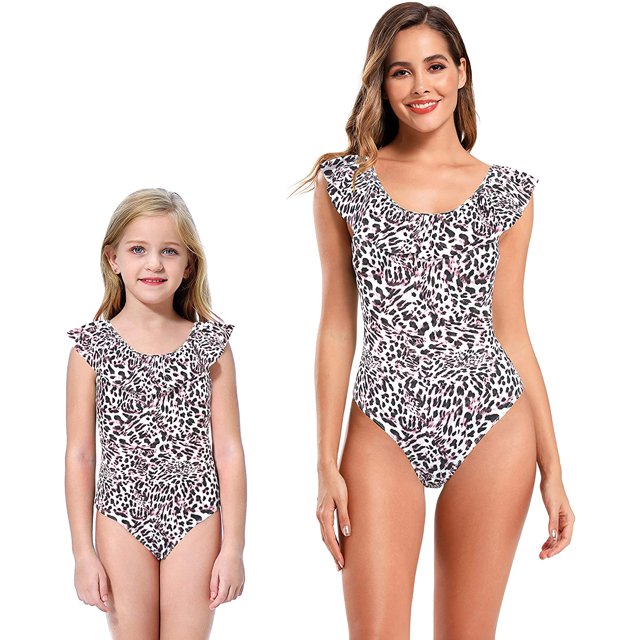 Traje de baño de mamá y yo Traje de baño Familiar Traje de baño de una Pieza con Volantes Estampados Leopardo - B Niños(6-8 Años) Leopardo - B Niños(6-8 Años) Xishao ropa
