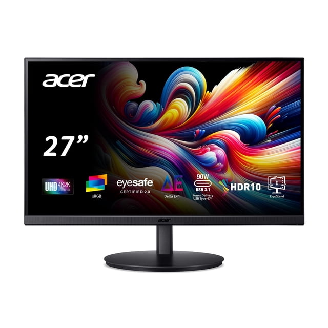 Monitor Acer IPS 4k de 27 pulgadas para el hogar, la oficina y los creadores | Precisión de color sRGB del 99% | El puerto USB-C de 90 W carga y conecta | Altura ajustable, inclinación, giro, pivote |