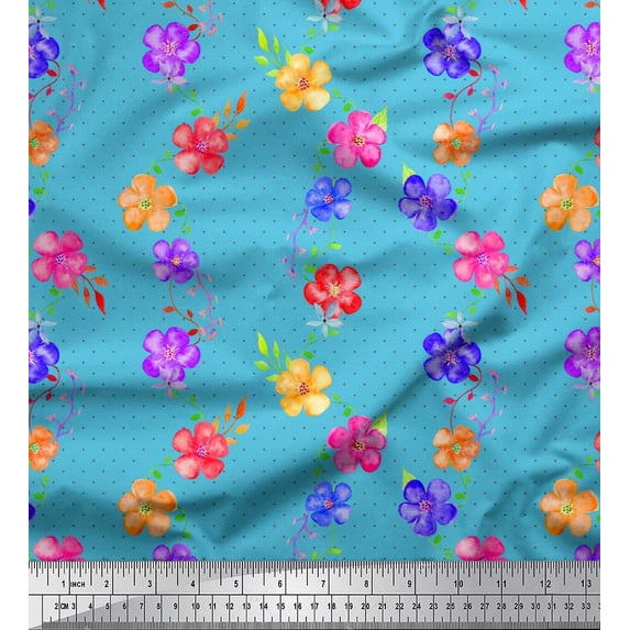 Soimoi Cotton Duck Fabric Dot,Leaves & Periwinkle Floral Decor Fabric Printed Yard 42 Inch Wide