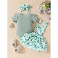 thumbnail image 4 of Musuos Baby Girls Summer Outfit 3 6 9 12 18M Short Sleeves Ribbed Rompers and Floral Suspender Skirt Headband 3 Piece Clothes Set, 4 of 10