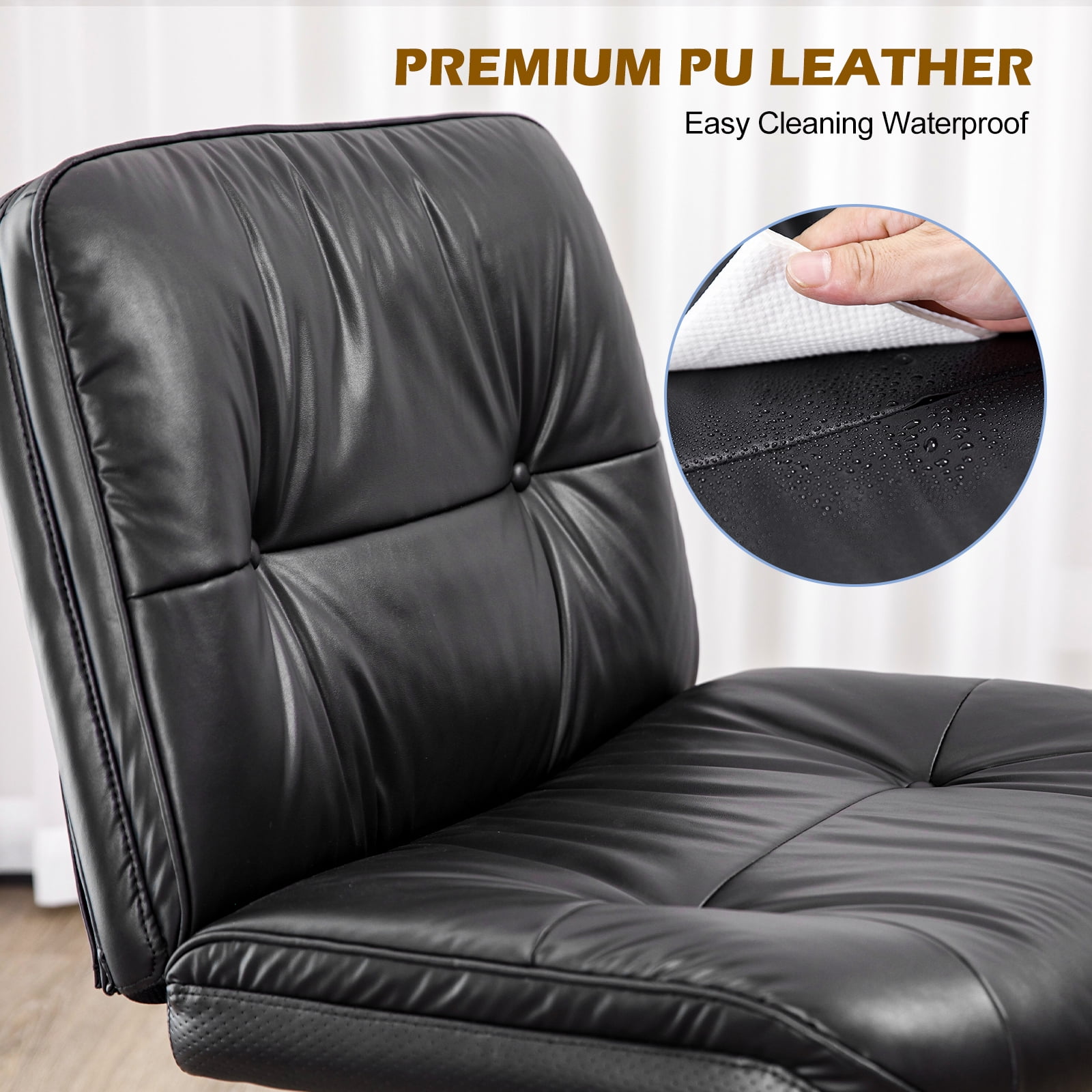 GIANNA Comfy PU Leather Criss Cross Office Chair, Durable and Ergonomic Modern Vanity Chair for Home Office and Study, With Wheels, Black