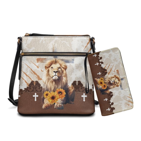 LedBack Lion Cross Leather Shoulder Purse with Wallet Set Multi Pocket Crossbody Purse Hobo Bag Satchel Handbag Leather Wallet with Wrist Strap, Brown