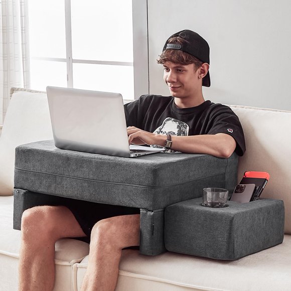 Comehealthy Lap Desk Pillow for Laptop, Large Reading Pillow for Adult, Arm Rest Pillow with Cup Holder, Memory Foam Bed Desk for Working,