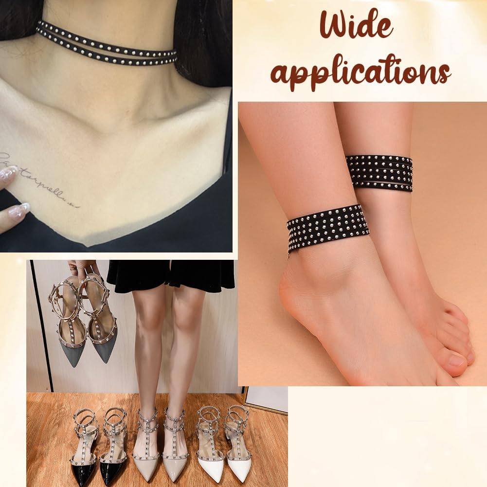 43.7 Yards Studded Suede Cord 8 Colors Flat Microfiber Leather Rope Trim 5mm Lace Beading String Strips Ribbon with Golden Punk Rivets for Jewelry Making Necklaces Bracelets DIY Crafts