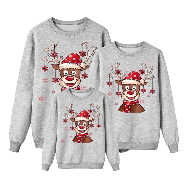 RXMEKW Chandail de Noël à Capuche pour Femmes Manches Longues Col Rond Haut Imprimé Ensemble Familial Assorti pour Photos de Vacances