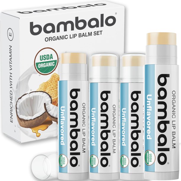 Bambalo USDA Juego de 4 bálsamos labiales orgánicos sin sabor - Aceite de coco con cera de abejas - La mejor reparación de labios para labios secos y agrietados - Cuidado hidratante de los labios