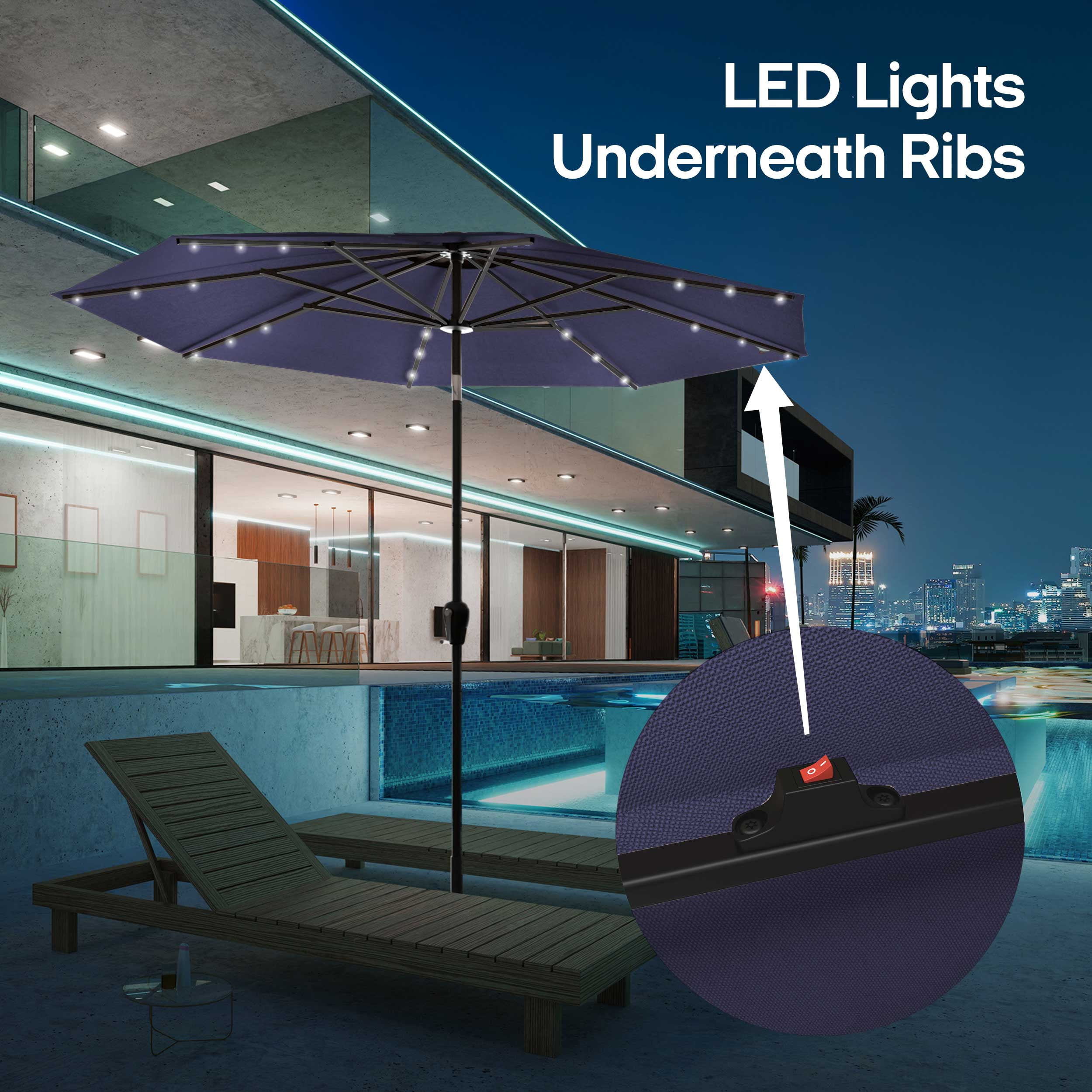 ABOVE Outdoor Umbrella 10 ft Royal Blue Solid Print Octagon Market Patio Umbrella, Solar LED, UV Resistant