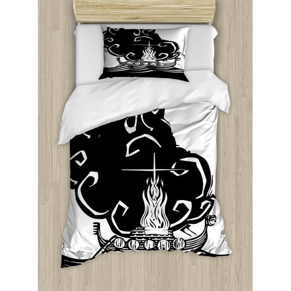 Nordic Twin Size Duvet Cover Set, Abstract Artwork of a Viking Chief Being Burned on a Longboat Norse Mythology, Decorative 2 Piece Bedding Set with 1 Pillow Sham, Black and White, by Ambesonne