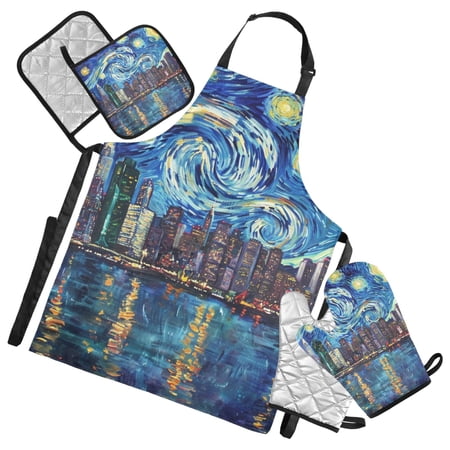 City and Starry Sky 5 Pcs Kitchen Set Heat Resistant Oven Mitts and Non-Slip Pot Holders with Adjustable Cooking Apron