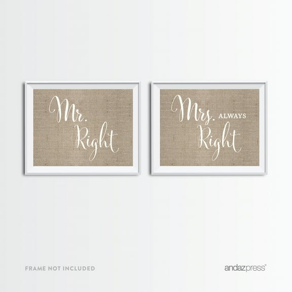Mr. Right, Mrs. Always Right Tan Burlap Wedding Party Signs, 2-Pack