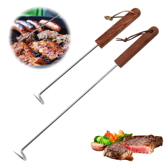 BBQ Meat Hook 2 Pack, Stainless Steel Food Flipper, Wooden Handle, 17.3 & 12.5 in