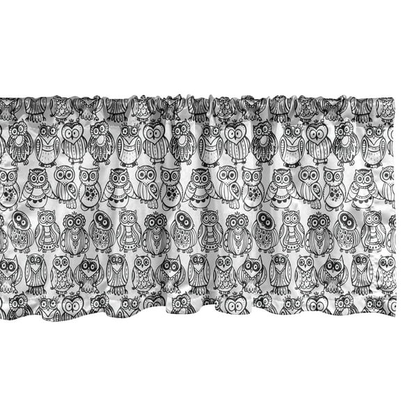 Ambesonne Owl Print Window Valance, Continuous Big Eyes Birds Feathered Animal Monochrome Funny Cartoon, Curtain Valance for Kitchen Bedroom Decor with Rod Pocket, 54" X 12", Charcoal Grey and White