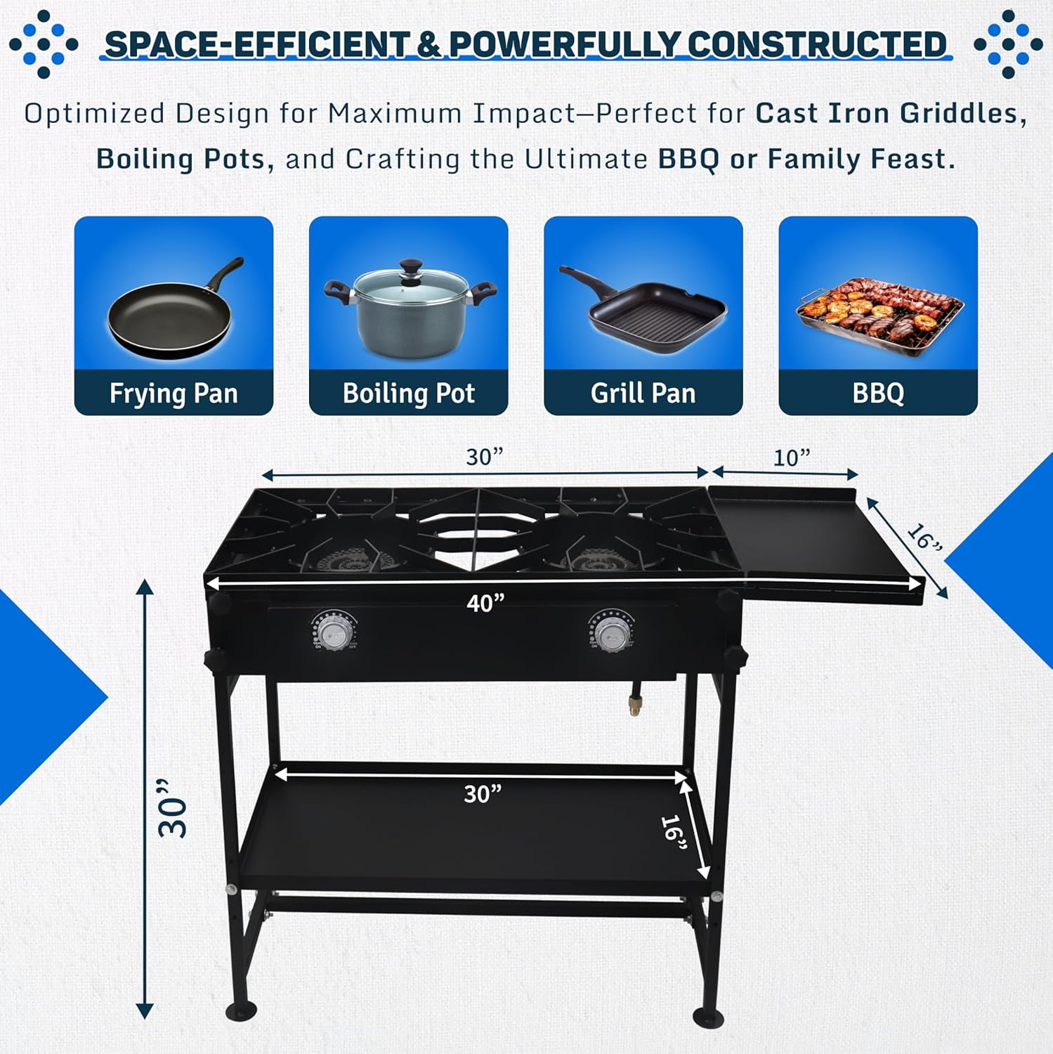 SONRET - Double Burner Propane Gas Stove - with Detachable Legs and Side & Bottom Shelf