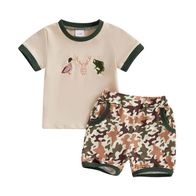 MIASHUI Ensemble d'Été 2 Pcs pour Garçons T-Shirt à Manches Courtes Imprimé et Shorts, Marron, 2-3 Ans
