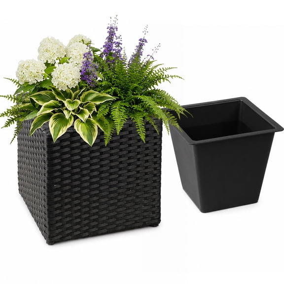 Black SOLHOME 11" Black Cubic Planter Box, Resin Wicker Plant Pot with Insert – Indoor Outdoor Decorative Square Planter for Patio