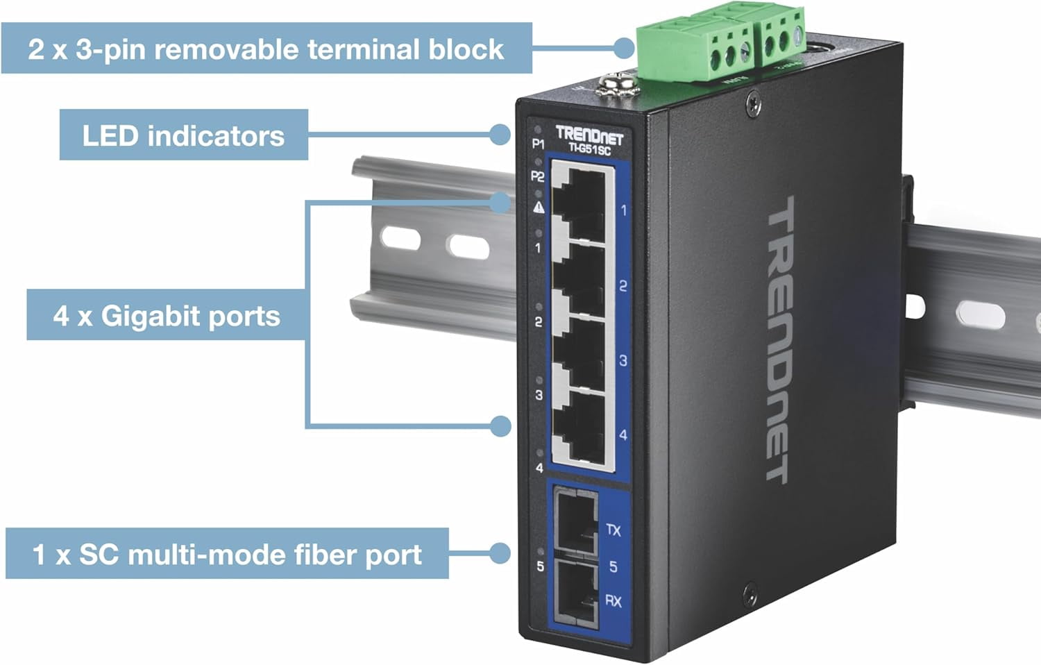 TRENDnet 5-Port Hardened Industrial Gigabit DIN-Rail Switch, TI-G51SC