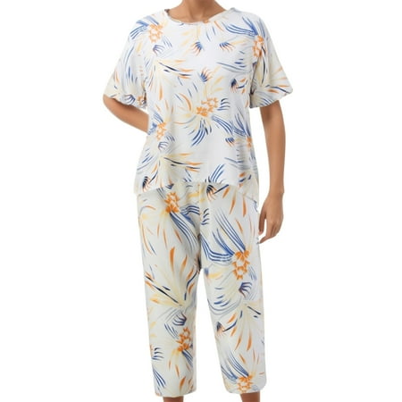 

Women Spring Summer Loose Casual Short Sleeve Large Size Cotton Floral Print Suit Pajamas White XXL