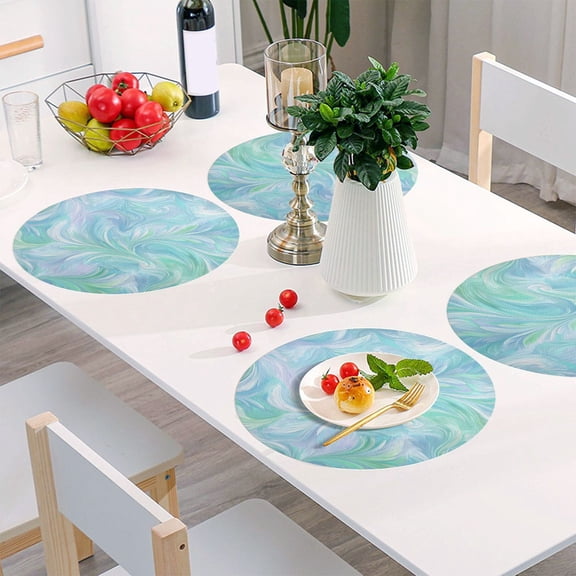 15.4 Inch Round Woven Placemats set of 4 for Dining Table Washable Heat Resistant Table Mats Non-Slip Washable Table Pad for Home Kitchen Decor Aqua Swirl Feather Design