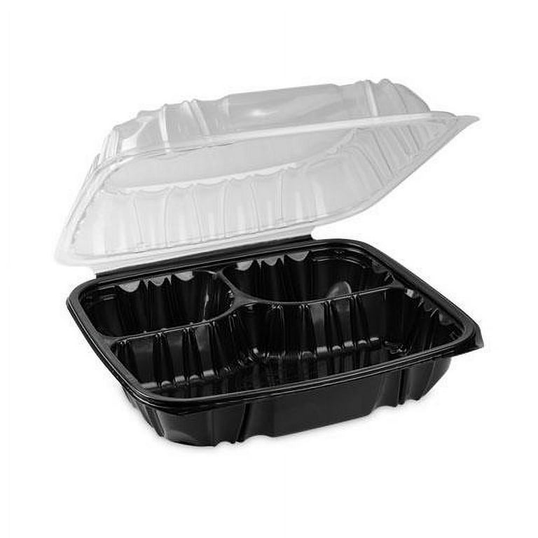EarthChoice Vented Dual Color Microwavable Hinged Lid Container, 3-Compartment 34oz, 10.5x9.5x3, Black/Clear, Plastic, 132/CT EarthChoice Vented Dual Color Microwavable Hinged Lid Container, 3-Compartment 34oz, 10.5x9.5x3, Black/Clear, Plastic, 132/CT