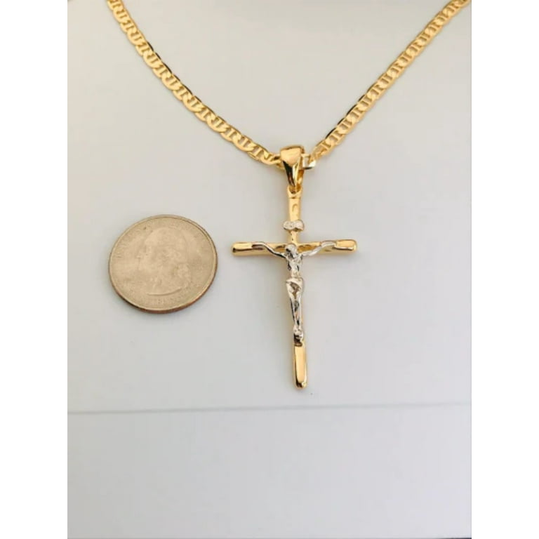 14K Gold Filled Big Cross Necklace Pendant Two Tone 48x28mm / Mens Cross  Necklace / Cadena y Dije de Cruz 