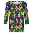 thumbnail image 5 of Happy Mardi Gras Shirt for Women Plus Size Funny Print 3/4 Sleeve Mardi Gras Day Tshirts Casual Crew Neck Carnival Theme Party Tee Tops Festival Outfits, 5 of 6