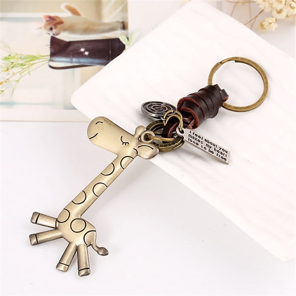 EGNMCR Keychains Alloy Cute Giraffe Vintage Woven Leather Keychain Key Jewelry Key chain