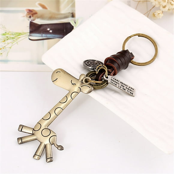 EGNMCR Keychains Alloy Cute Giraffe Vintage Woven Leather Keychain Key Jewelry Key chain