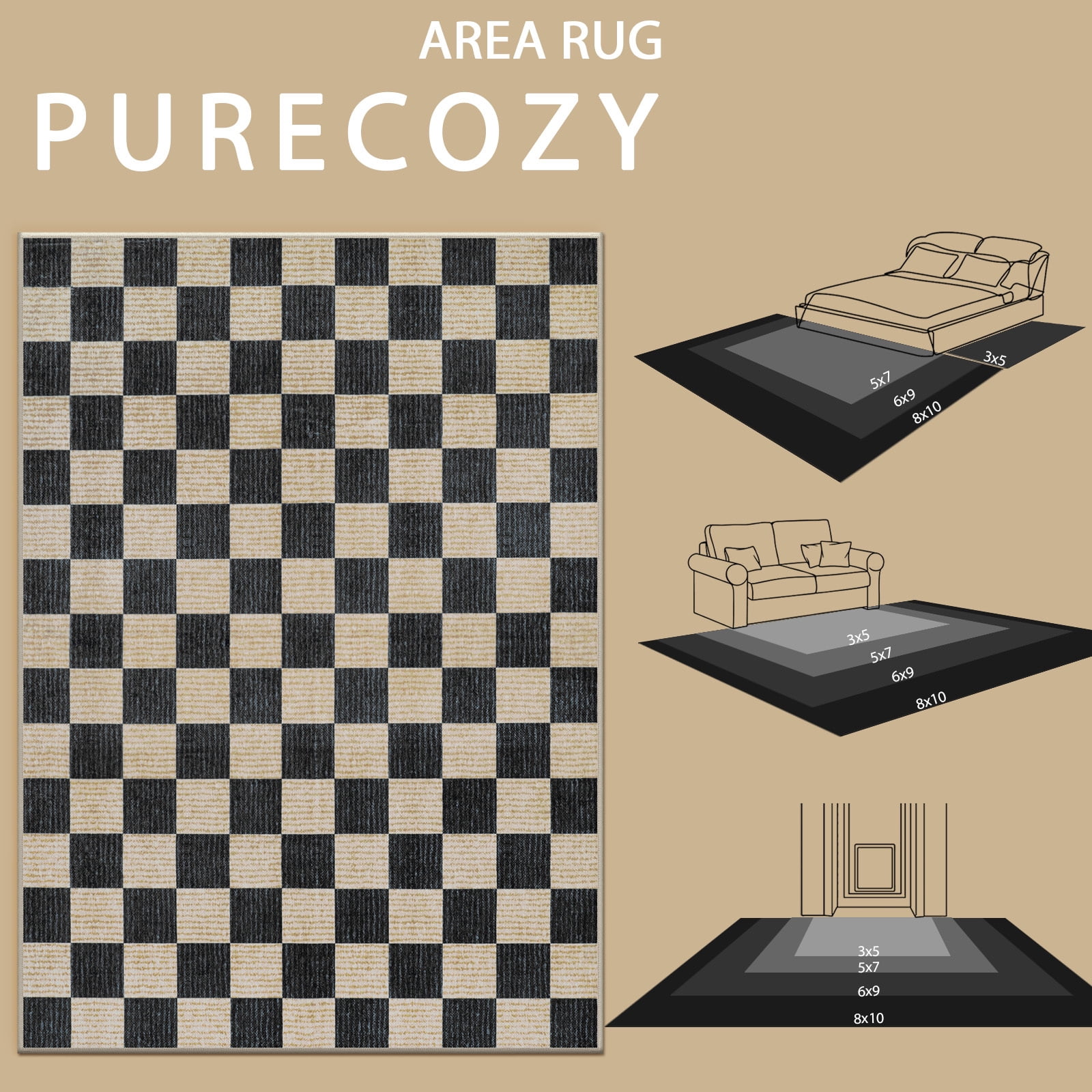 RUG ROBOT 6'x9' Area Rugs for Living Room, Washable Non-Slip Checkered Rugs for Bedroom, Dining Room, Soft Low-Pile Classic Farmhouse Geometric Indoor Large Accent Carpet, Black