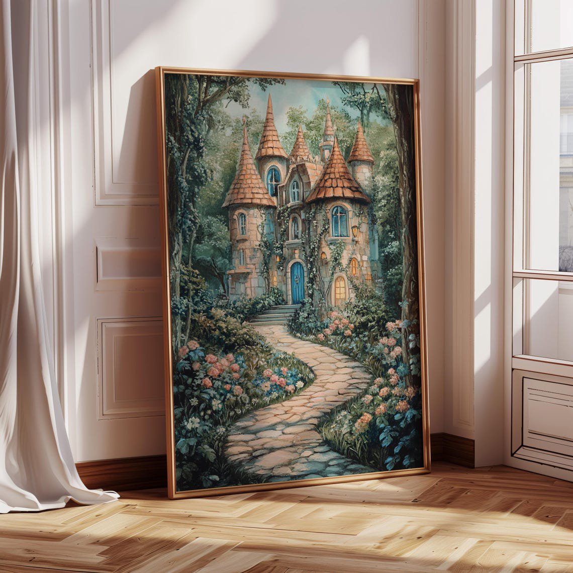 Fairy Tale Castle Art Print Enchanted Garden Path With Turreted Cottage Whimsical Fantasy Wall Decor For Storybook Interiors Wall Art Modern Wall Decor Wall Art