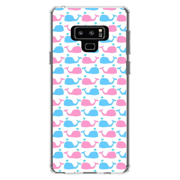 DistinctInk Clear Shockproof Hybrid Case for Samsung Galaxy Note 9 - TPU Bumper, Acrylic Back, Tempered Glass Screen Protector - Blue Pink Cartoon Whales - Cartoon Whales