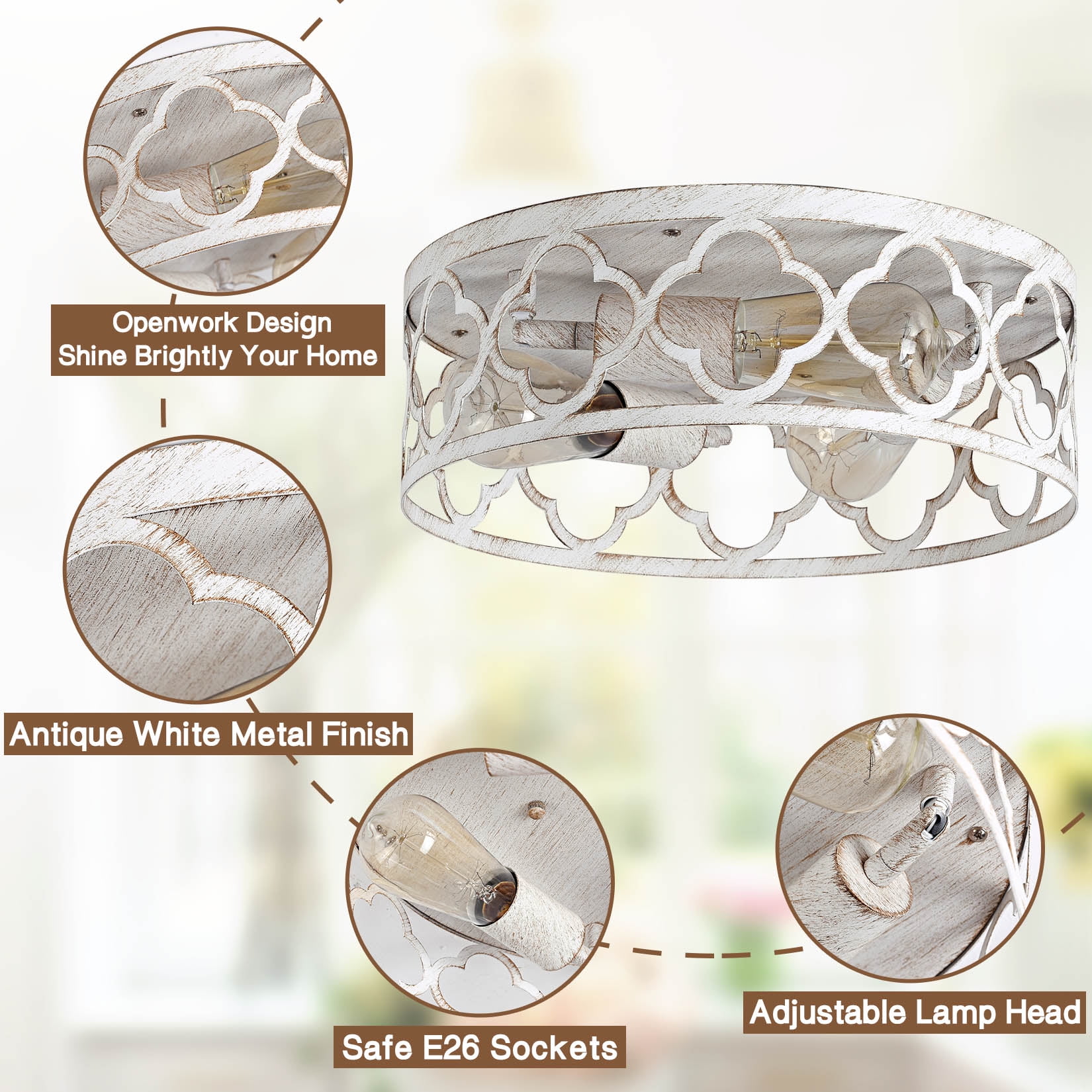 BESTOMINE Flush Mount Ceiling Light,13-inch Ceiling Light Fixture,3-Light Kitchen Light Fixtures,Farmhouse Light Fixtures for Bedroom,Living Room,Kitchen,Hallway and Foyer