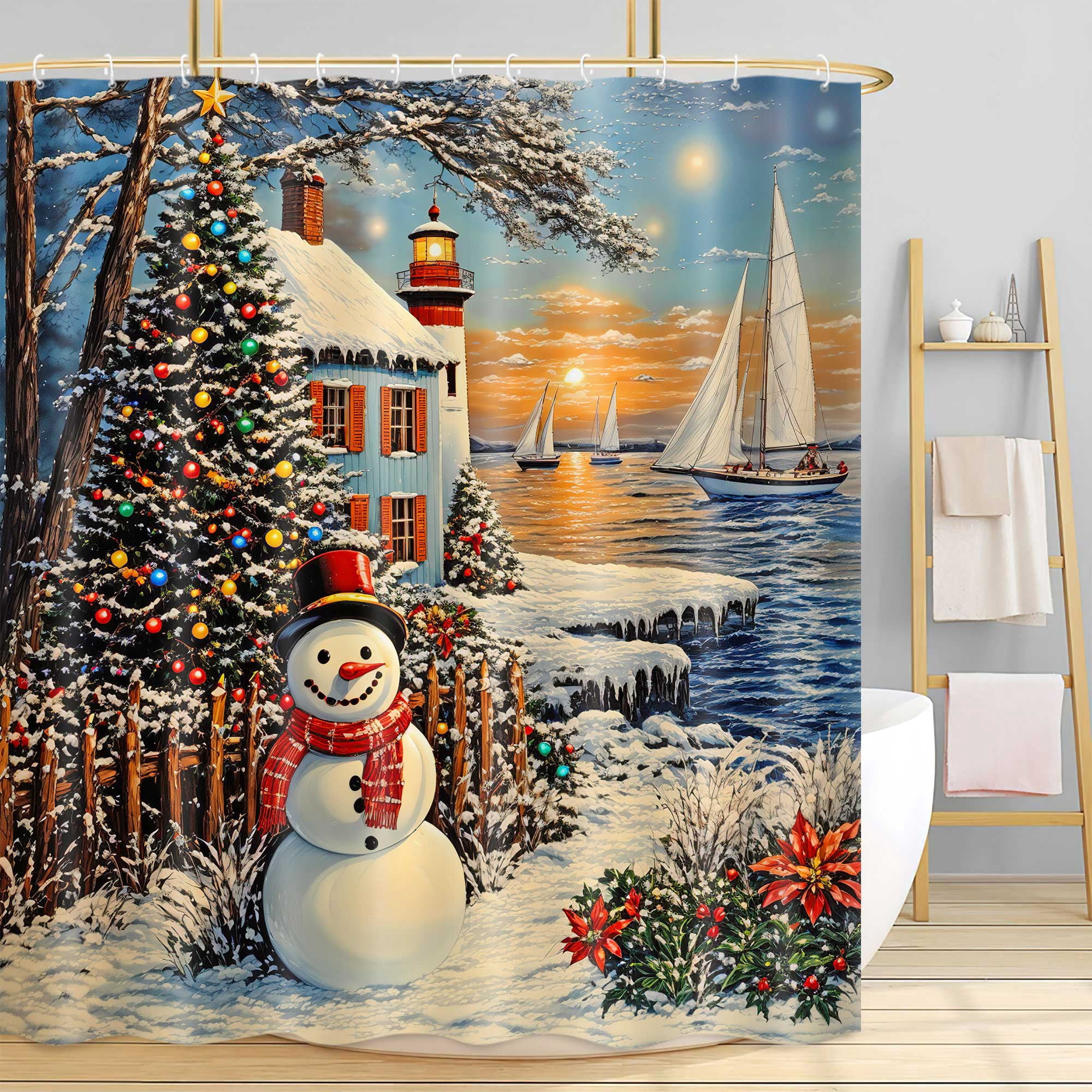Christmas Lighthouse Shower Curtain, Snowman Snowy Xmas Trees Winter Ocean Coastal Scene Bath Curtain, Rustic Farmhouse Bathroom Accessories for Xmas Bathroom Curtain Liner Set with Hooks, 72X72in